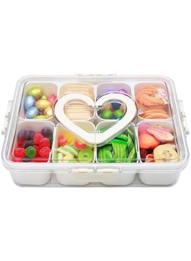 Divided Serving Tray with Lid and Handle,Snackle Box Containers with 8 Compartment,Portable Snack Serving Platters Reusable Storae Organizer for Fruits,Nuts,Candy,Party,Picnic,Veggies - Image 1